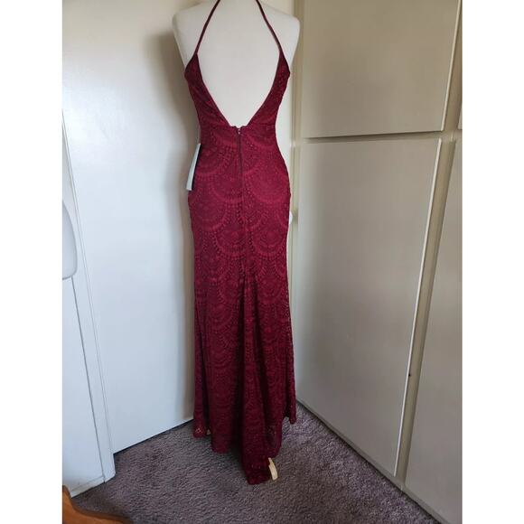 MSRP $168 NWT My Michelle Merlot Mermaid Lace Glitter Halter Back Gown, Size 3 - Picture 4 of 7